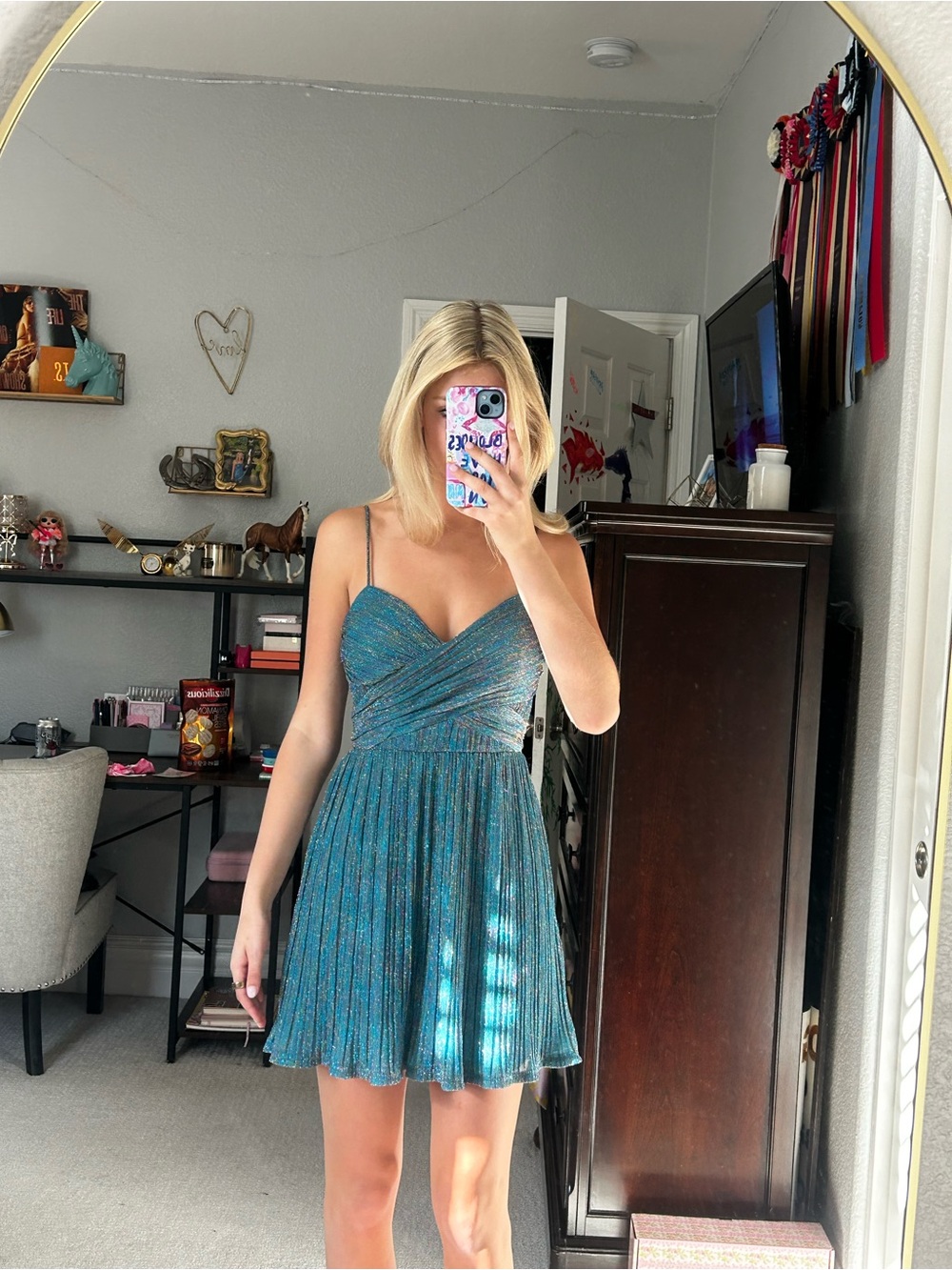City Studios Teal Shimmer Pleated Mini Dress